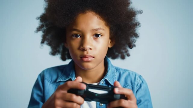 Young african american girl, bouncy curly hair, blue denim, intently playing video games with black controller, joyful smile, soft blue bokeh, childhood gaming triumph.