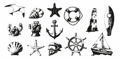 nautical illustration set with seashells starfish and sailing ship © Ajay