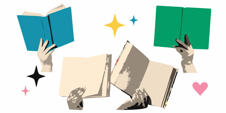 vector illustration of hands holding open books with sparkles