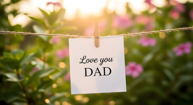Love you dad message on a paper note hanging on a clothesline