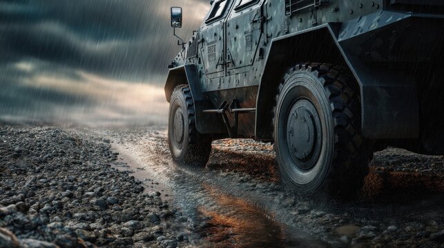 Armored military vehicle driving on a wet gravel road during heavy rain. Heavy tactical transport truck in harsh weather conditions. Defense, security, conflict and war zone concept.