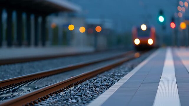 Train approaching platform at dusk, with blurred motion effect, illuminated signals, and railway tracks visible, creating a dynamic scene of transportation in motion