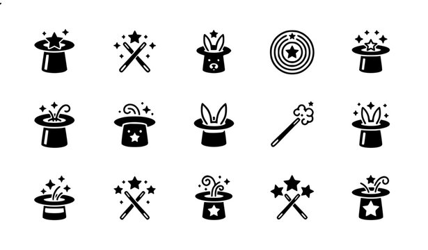 Minimal magician hat and magic wand vector icons with fantasy logo template elements