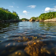 Obraz premium Serene natural water scene with gentle ripples on the surface, surrounded by lush green vegetation and a few rocks, under a clear blue sky with a few white clouds, with warm sunlight casting a gentle 