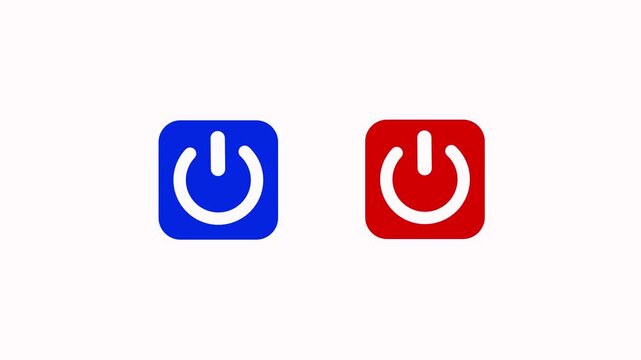 Dual icon showing blue power on and red power off buttons animation with white background. Power switch start-stop symbol side by side offering quick control for activating or deactivating any device