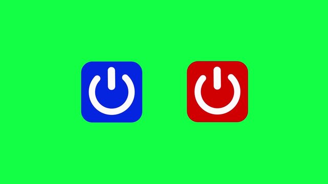 Dual icon showing blue power on and red power off buttons animation with green background. Power switch start stop symbol side by side offering quick control for activating or deactivating any device
