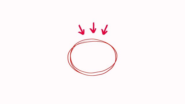 Hand-drawn doodle red sketch circle highlight with arrow pointing on white background. Chalk sketch elements for representing focus, attention, target goal or a key business data highlight for videos