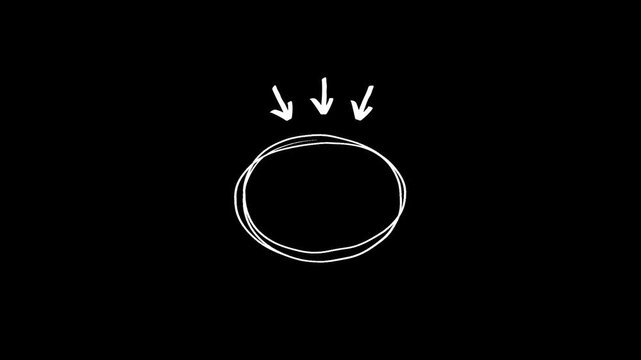 Hand-drawn doodle white sketch circle highlight with arrow pointing on black background. Sketch elements for representing focus, attention, target goal or a key business data highlight for videos