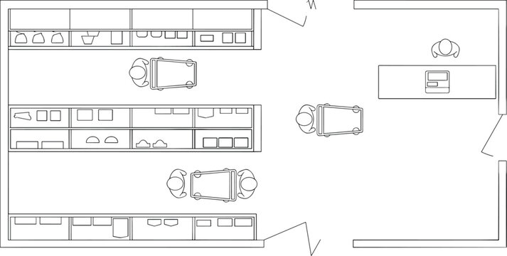 Architectural floor plan of a retail store, top view supermarket layout with grocery shelves and shopping carts, interior shop design vector
