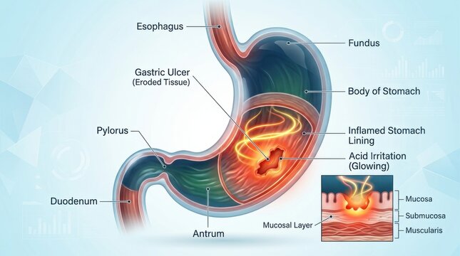 Diagram illustrating a gastric ulcer and acid irritation within the stomach lining