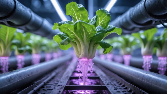 Macro Close-Up of Soilless Hydroponic Lettuce Roots in Glowing Ultraviolet Nutrient Mist