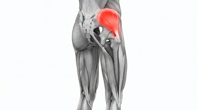 Medical Illustration of Human Gluteus Maximus Muscle Anatomy with Pain Indication.