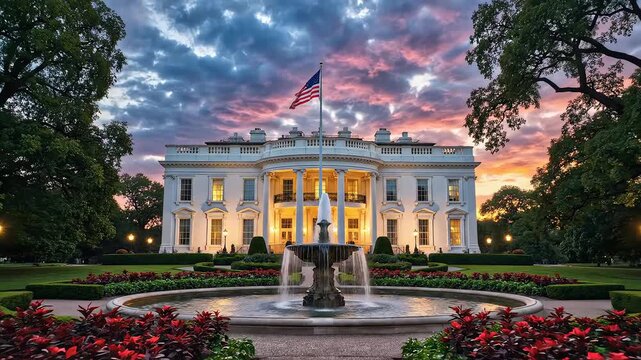 White House with fountain at sunset emphasizing the majestic scale of the natural world