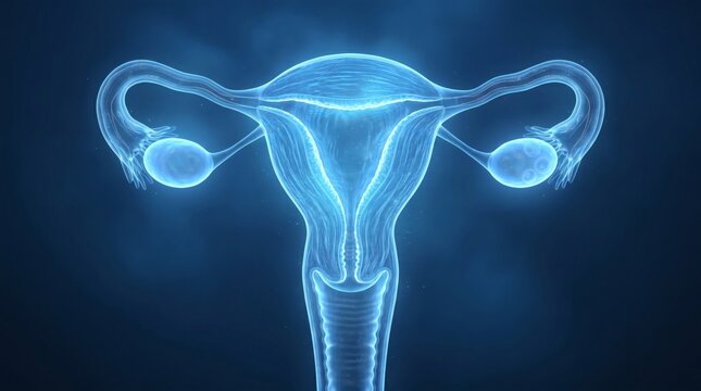 Medical Illustration of the Female Reproductive System in Blue.