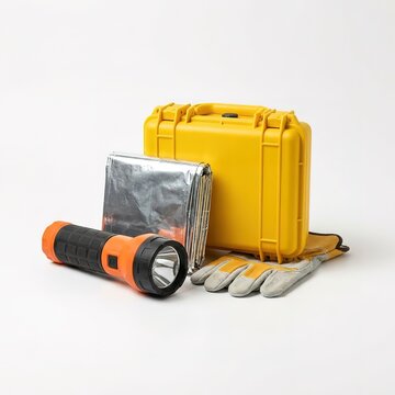 Emergency preparedness kit featuring a bright yellow hard-shell protective case, a folded silver thermal emergency blanket, a black and orange flashlight, and a pair of durable work gloves