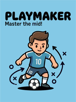 Playmaker Master The Mid slogan with happy cartoon football player midfielder dribbling ball