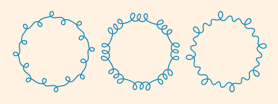 Round doodle frame, hand-drawn wavy curly engagement monograms. Edgings and cadres simple circular scribble swirl design, editable one line decoration old-fashioned greeting elements. Editable stroke.