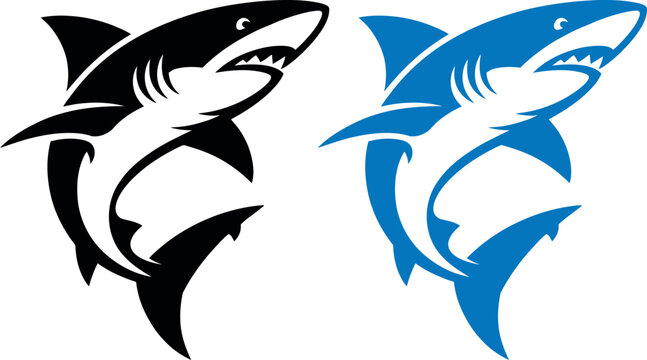 Black and blue great white shark vector icons facing opposite directions