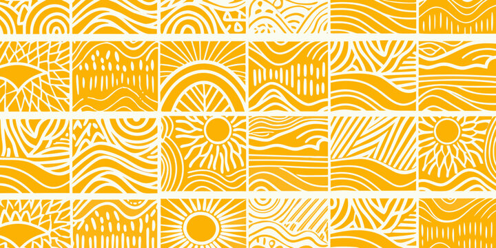 abstract geometric pattern with sun and wave motifs yellow vector art