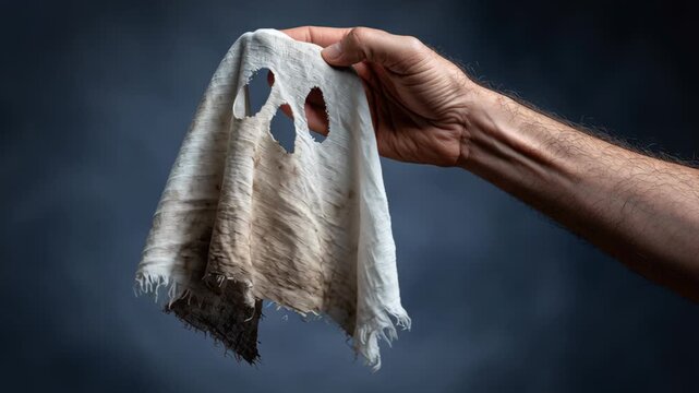 Hand holding a tattered white cloth ghost with cut-out eyes and mouth, showcasing its worn texture against a dark background in a creative display of Halloween spirit