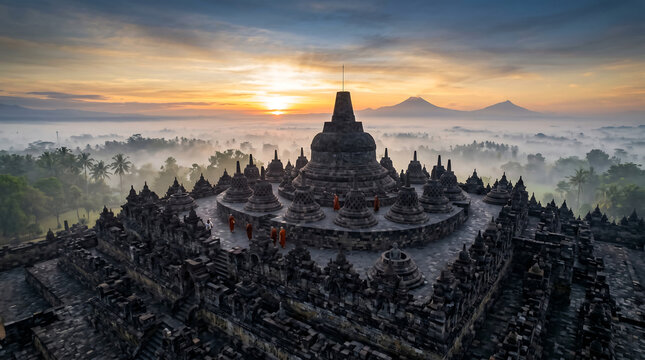 Beautiful aerial view of Borobudur temple in Indonesia at sunrise with misty valley and mountains