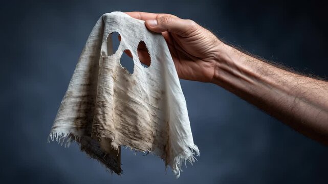 Hand holding a worn, tattered cloth ghost with visible holes, showcasing a gradual shift in perspective against a dark, blurred background