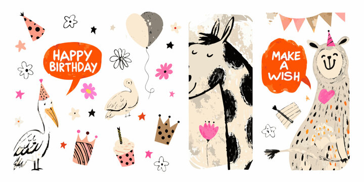 vector birthday collage with animals balloons and celebratory elements