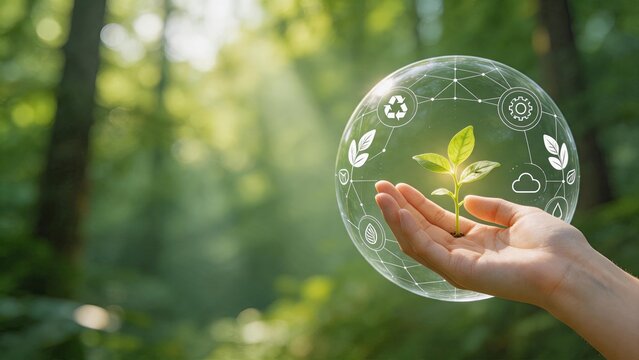 Hand holding young plant in glass sphere with ecology icons, sustainable development green energy renewable resources and environmental protection concept