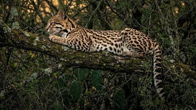 Ocelot lying on a tree branch in its natural jungle habitat for wildlife education and environmental awareness