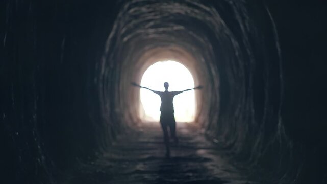 Silhouette of Woman With Open Arms Near Bright Tunnel Exit in Thick Fog, Cinematic Scene About Freedom After Difficult Life Struggles