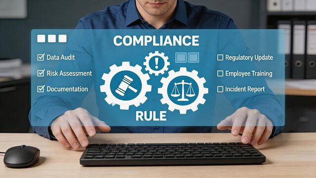 Compliance rule enforcement with data audit checklist, risk assessment documentation, regulatory update notification, employee training program, incident report filing system,