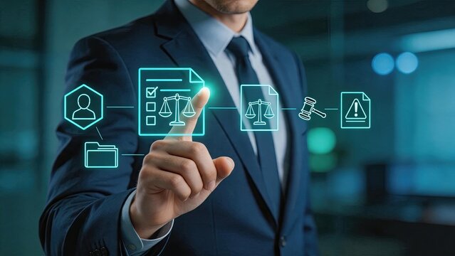 Legal compliance verification process with digital document icons, law justice scales symbol, regulatory audit checklist, contract agreement review, professional lawyer handling