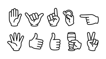 Fototapeta premium Collection of hand gestures icons including open palms shaka pointing holding a wine glass with communication