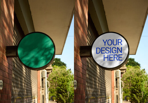 Mockup Of Customizable Round Sign On Building