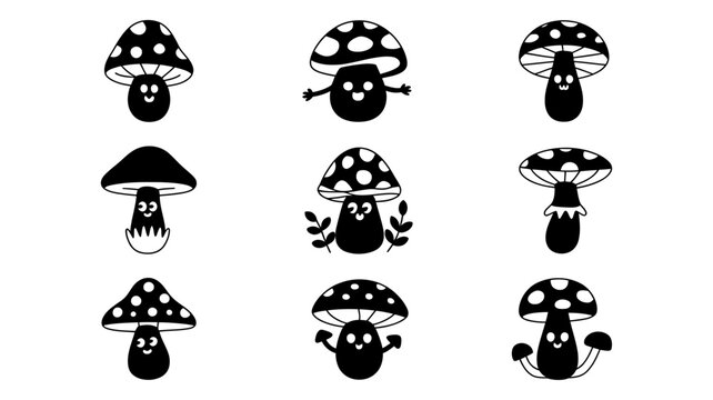Nine cute black and white kawaii mushroom illustrations with faces forest floor mushroom illustration