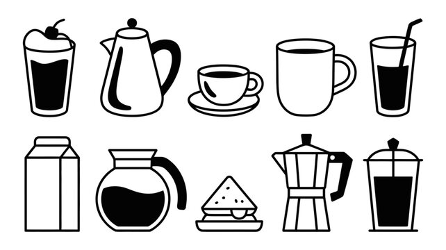 Collection of coffee and drink icons including mugs coffee pots sandwiches with illustration, sandwich