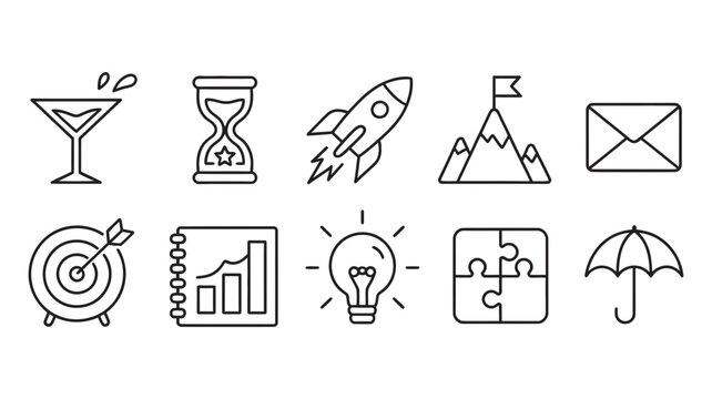 Collection of business and finance icons: rocket hourglass target lightbulb puzzle more with business