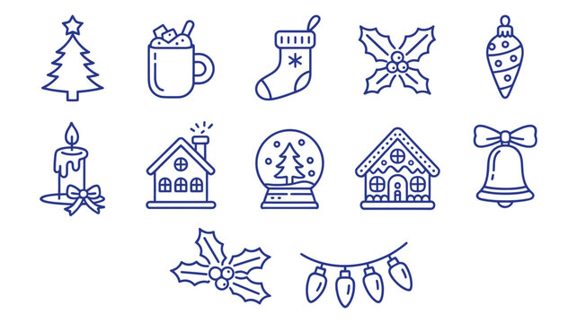 Christmas and winter holiday icons in outline style with christmas celebration decoration ornament