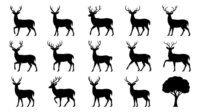 Collection of deer silhouettes with a tree icon wildlife woodland silhouette collection illustration