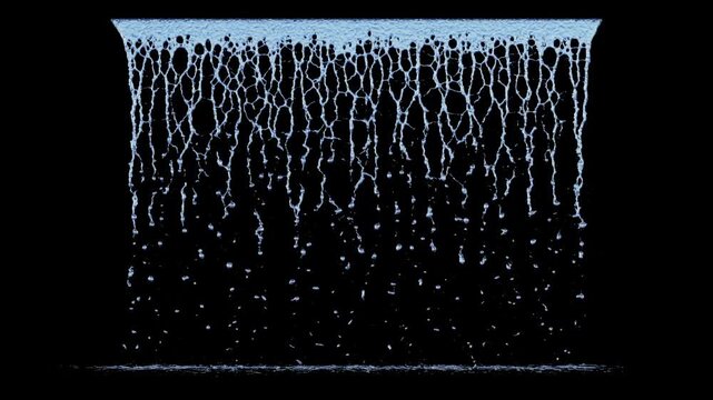 Front view of Dripping Water with a Small Flow from a large linear source to the ground on a black background