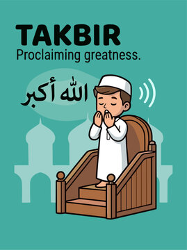 Muslim man reciting Takbir on a minbar speaker podium, Islamic Eid prayer concept