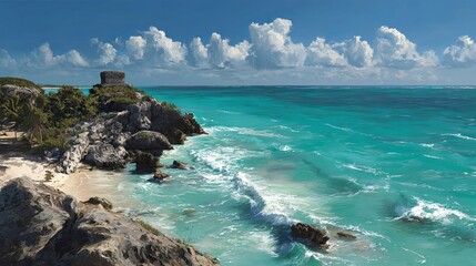 Obraz premium Cancun tropical coastline with turquoise ocean water and white sandy beach, sunny day, wide outdoor view, Mexican Caribbean seaside
