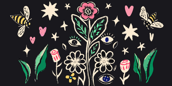 whimsical nature collage with flowers bees and eyes on black background