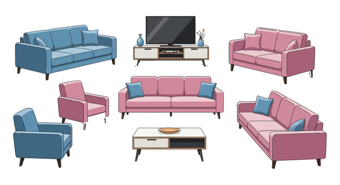 furniture set illustration with sofas armchairs and tv stand