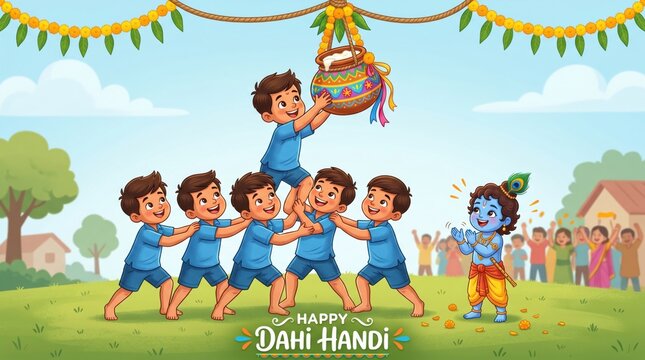 Boys celebrating Dahi Handi festival, playful scene, outdoor setting, joyful mood