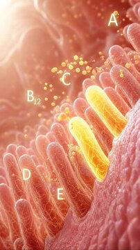 Gut health concept showing nutrient absorption intestinal villi with vitamins B12 C D E supporting digestive system function and overall wellness biology vitamin absorption digestive intestinal villi