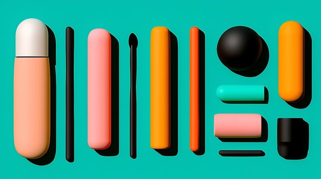 Colorful makeup products on teal background.