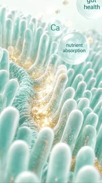 Gut health nutrient absorption concept with calcium vitamin B12 vitamin D molecules in intestinal villi for digestive system biology illustration showing nutrient absorption and gut health support