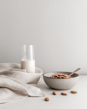 Minimal almond milk glass and bowl with spoon on linen cloth plant based snack concept for banner background and packaging mockup