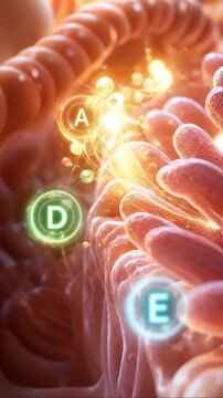 Gut health nutrient absorption concept showing intestinal villi and vitamins D E glowing in 3D detailed texture illustration for digestive system biology and medical wellness care